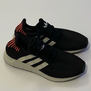 Adidas Black and White Shoes with Red Highlights